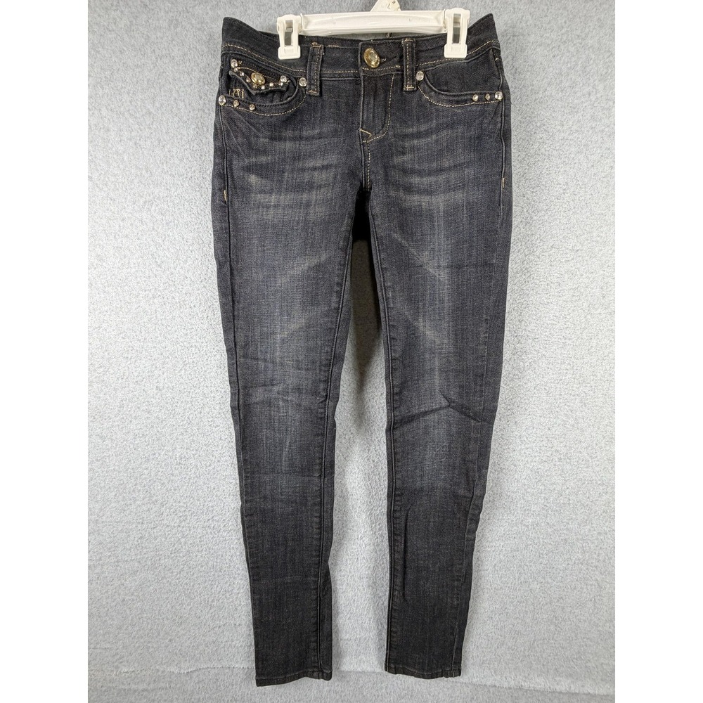 L.A. Idol Jeans Juniors 1 Gray Skinny Lowโ Rise Stretch Rhinestone Embellished